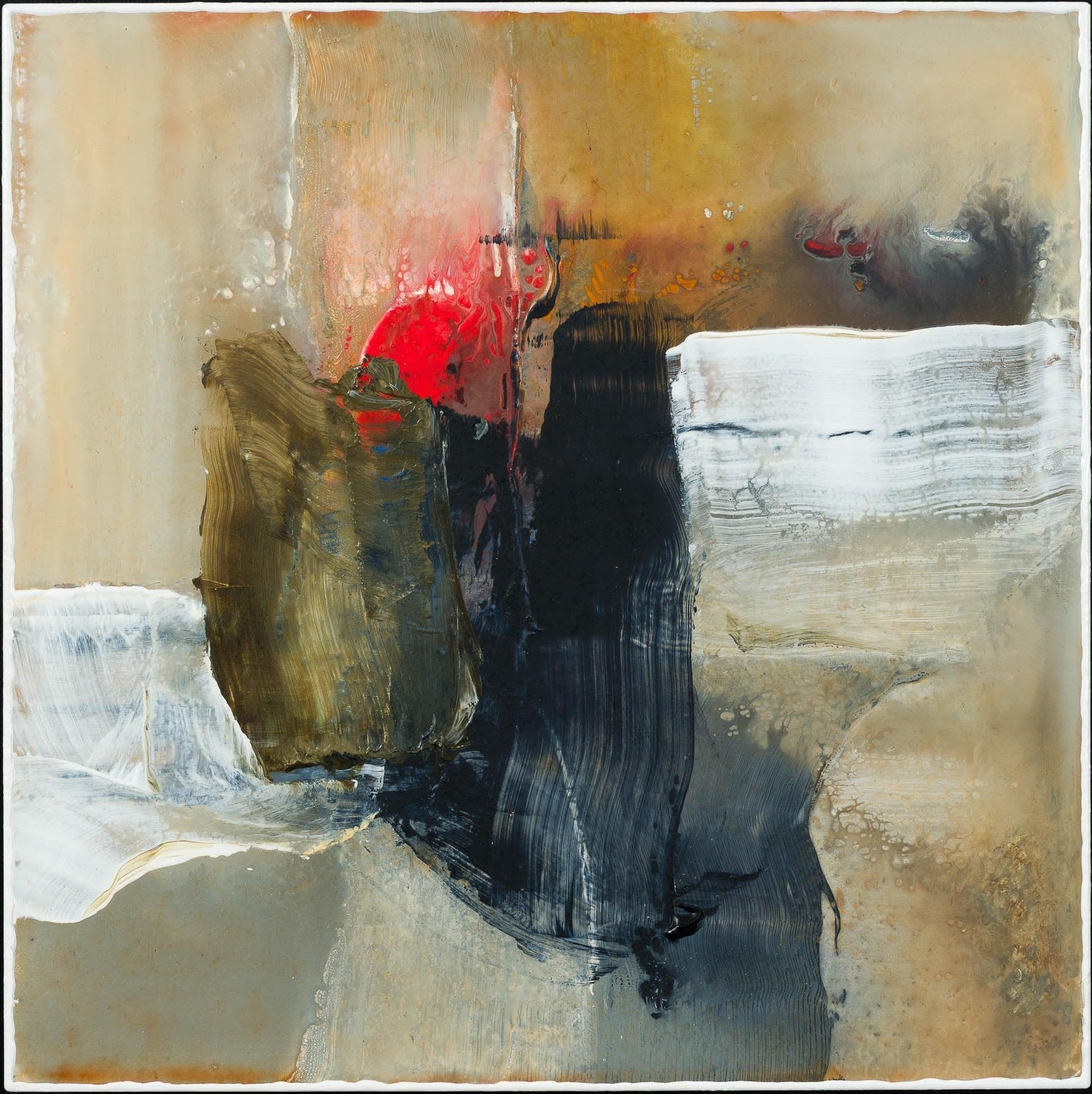 abstrakt målning i unik stil med jordnära färger och rött inslag