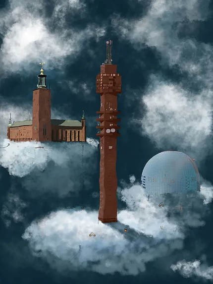 Kaknästornet, Globen och Stadshuset i Stockholm på moln